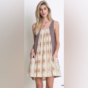 Umgee Pocket Tank Babydoll Dress - Pleated Geometric Panel - Size Small